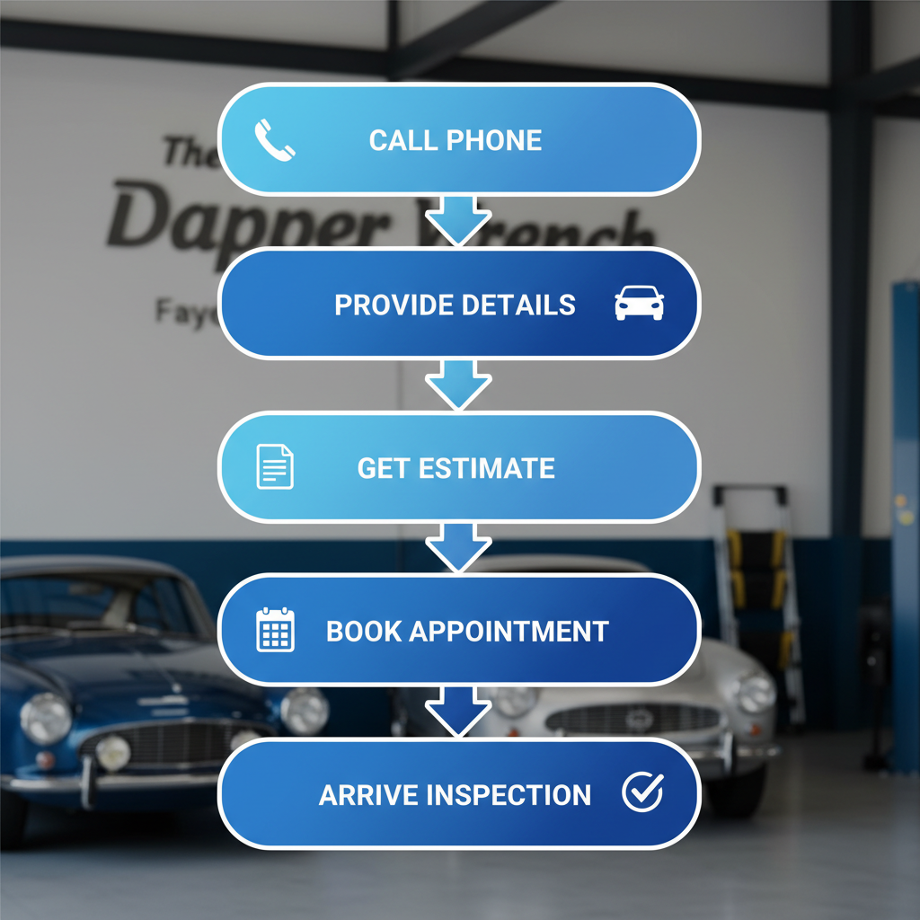 Vertical process flow diagram outlining steps to schedule European car repair at The Dapper Wrench