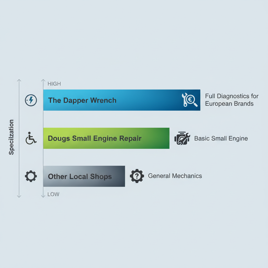 Horizontal bar chart comparing specialization levels of local engine repair providers in Van Buren and River Valley
