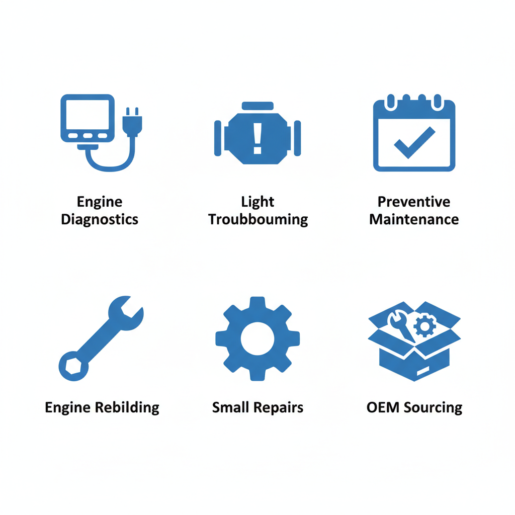Grid of icons illustrating engine repair and diagnostics services
