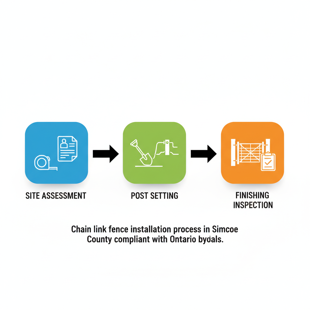 Horizontal process flow diagram illustrating the three key stages of chain link fence installation: site assessment and preparation, post setting and fabric installation, finishing and inspection.