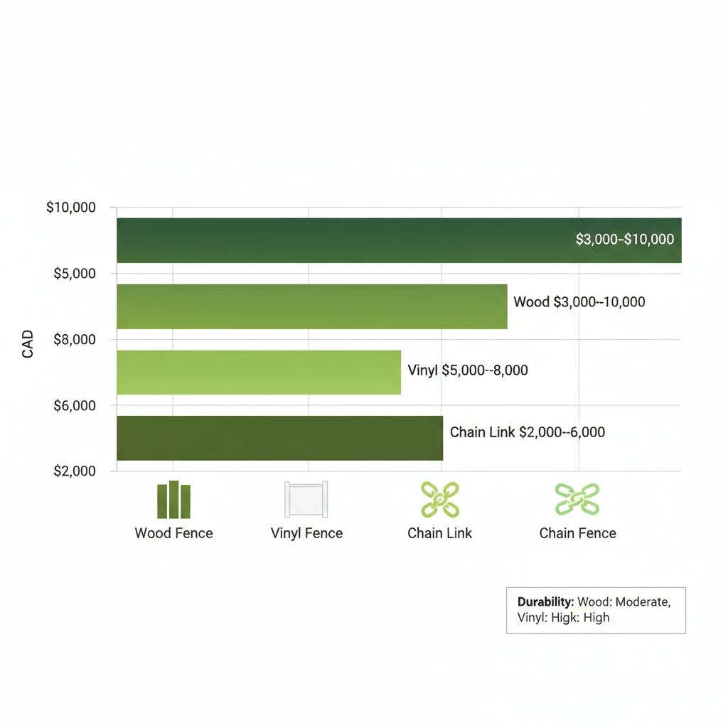 Horizontal bar chart comparing installation costs of wood, vinyl, and chain link fences in Ontario, with cost ranges in CAD and material icons for accessibility.