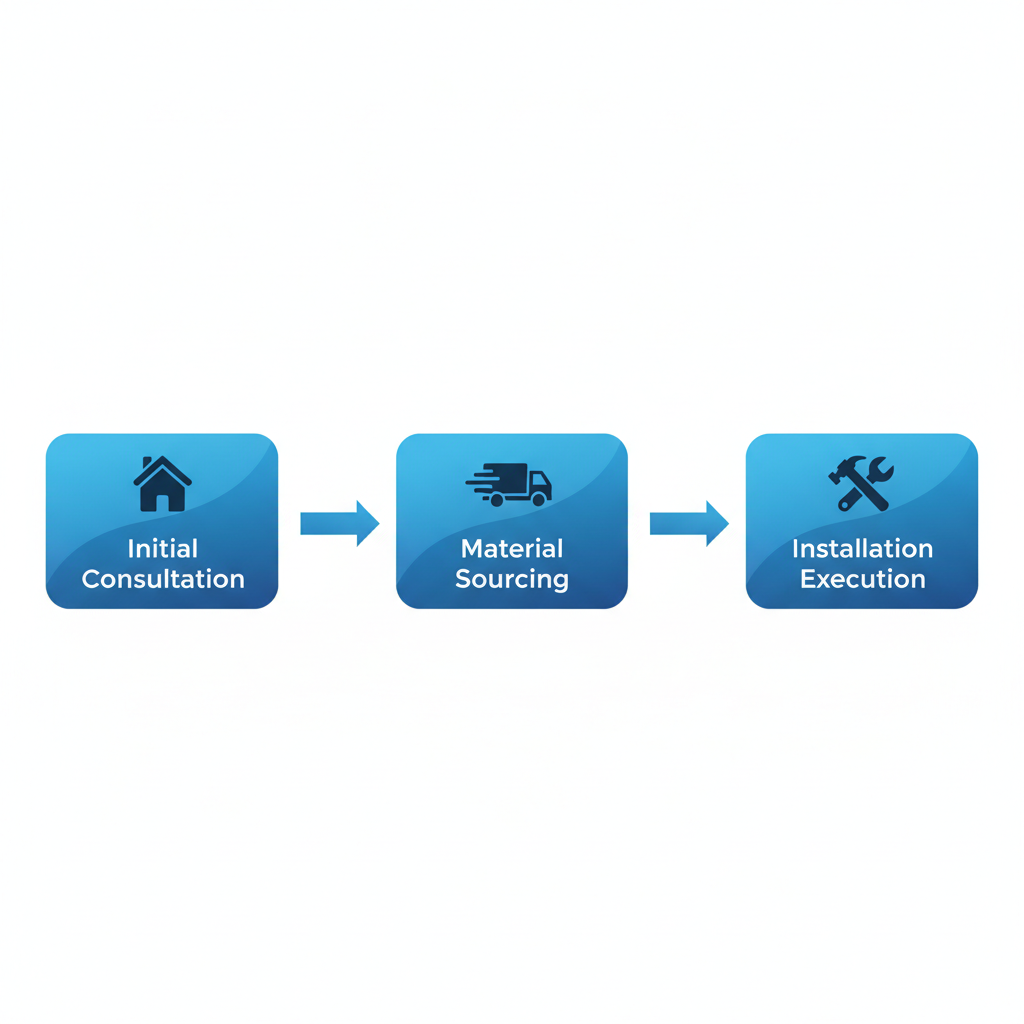 Horizontal process flow diagram illustrating three stages of local fence installation: consultation, material sourcing, and execution.