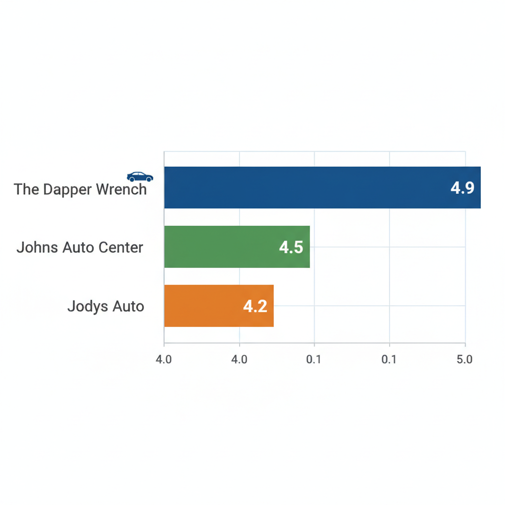 Horizontal bar chart showing customer ratings for auto repair shops in Fort Smith area with The Dapper Wrench at 4.9 stars