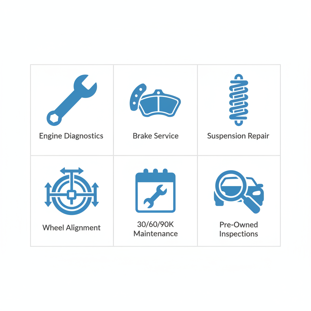 Grid of six icons depicting key auto repair services including engine diagnostics, brakes, suspension, alignment, maintenance, and inspections.