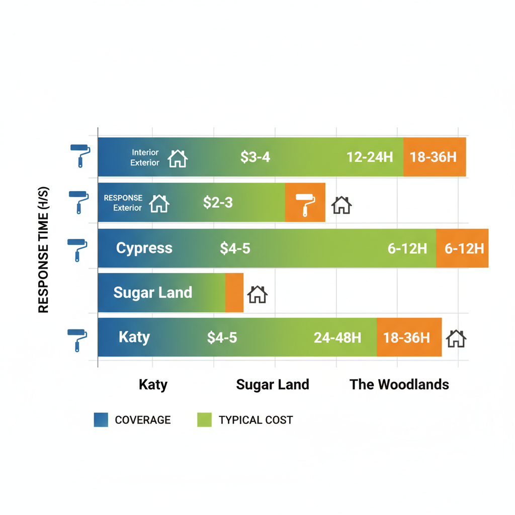 Horizontal bar chart comparing painting service costs, coverage, and response times across Katy, Cypress, Sugar Land, and The Woodlands suburbs
