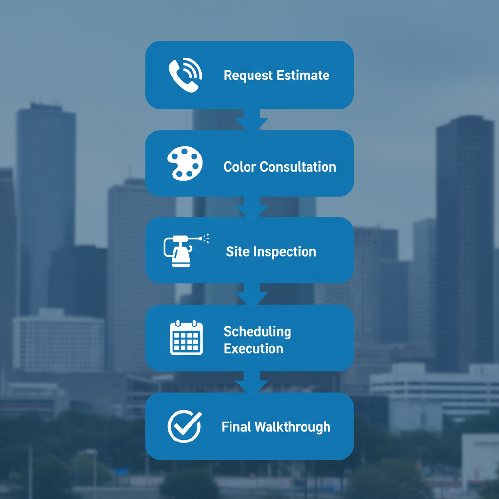 Visual process flow diagram showing five steps to start a Houston painting project with icons