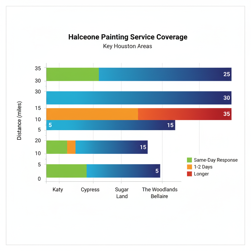 Horizontal bar chart comparing painting coverage distances and response times across Houston areas including Katy, Cypress, Sugar Land, The Woodlands, and Bellaire
