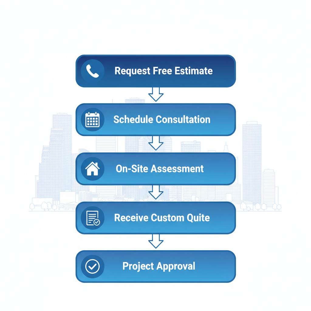 Vertical process flow diagram showing five steps to start a painting project: request estimate, schedule consultation, on-site assessment, receive quote, and project approval.
