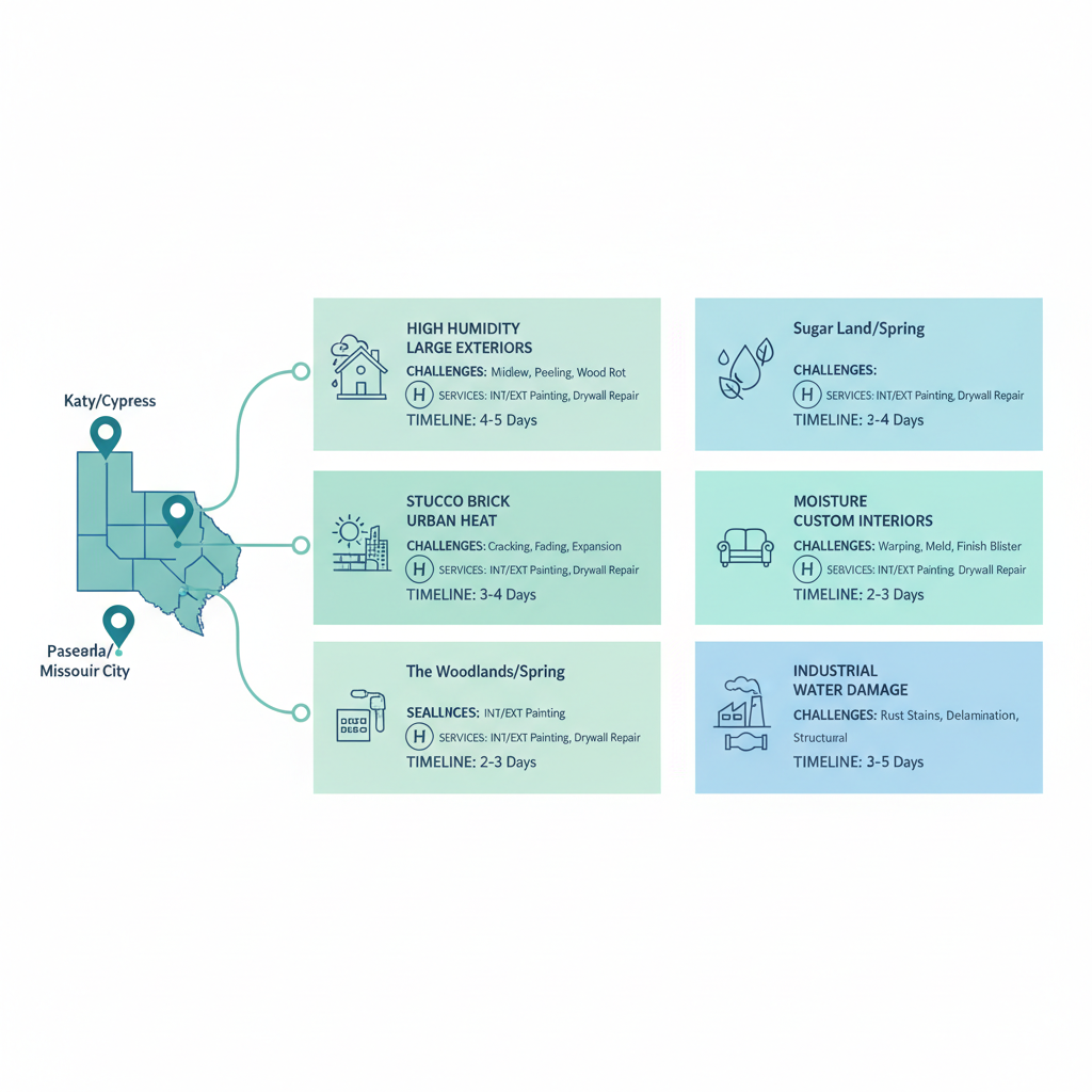 Infographic map of Houston neighborhoods highlighting painting challenges and Halceeone service solutions