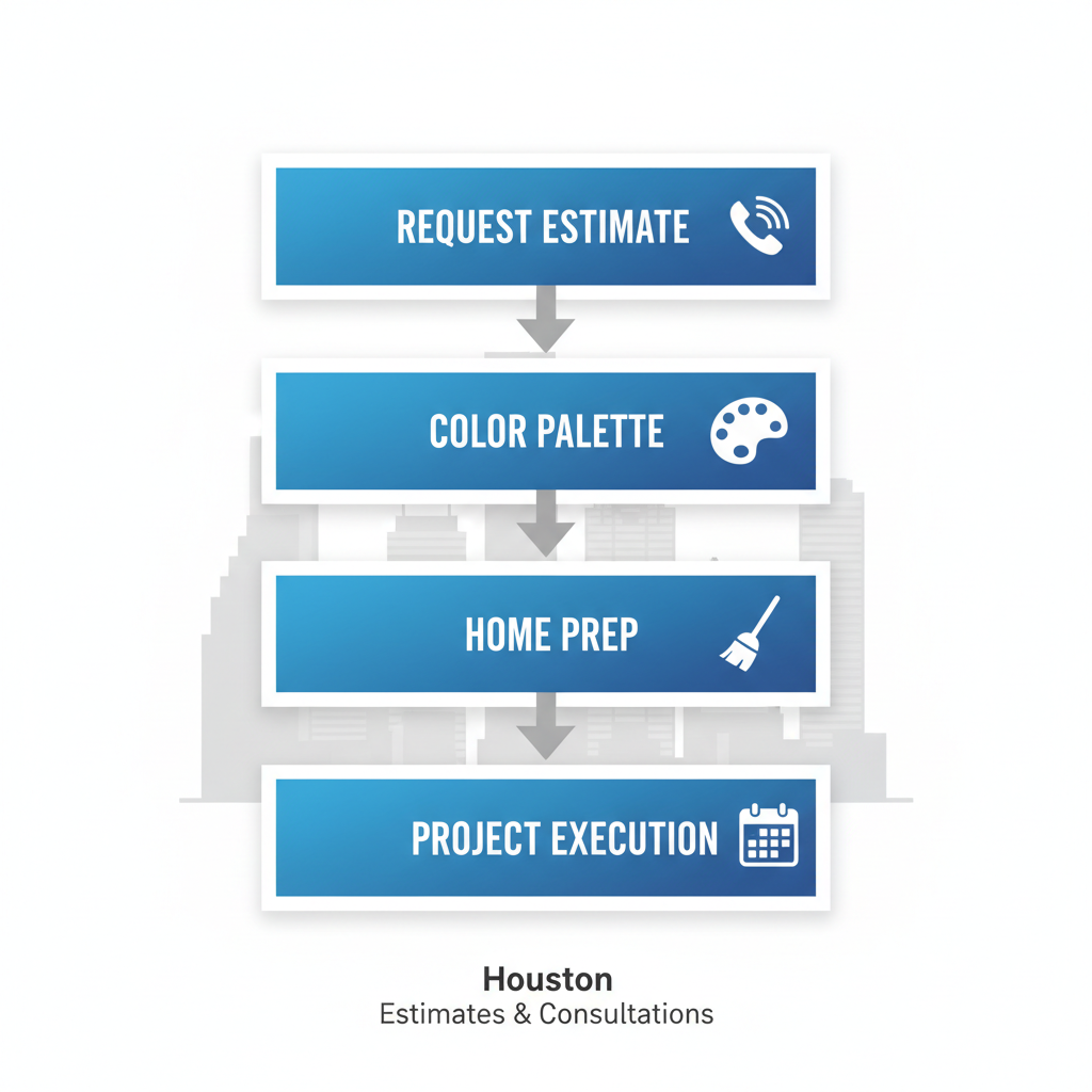 Vertical process flow diagram illustrating four steps to begin a Houston painting project: requesting estimate, color consultation, home preparation, and project execution.