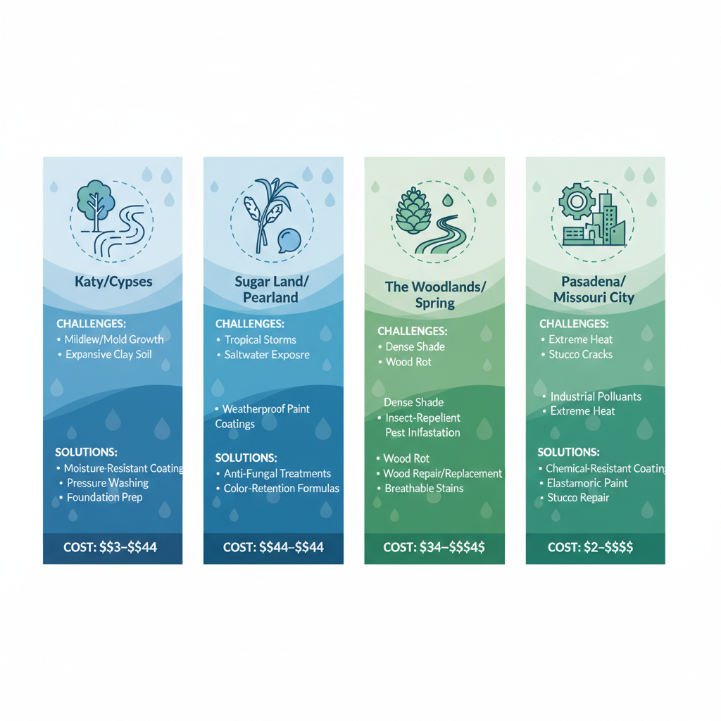 Infographic summarizing house painting challenges, services, and costs across Houston neighborhoods like Katy, Sugar Land, The Woodlands, and Pasadena.