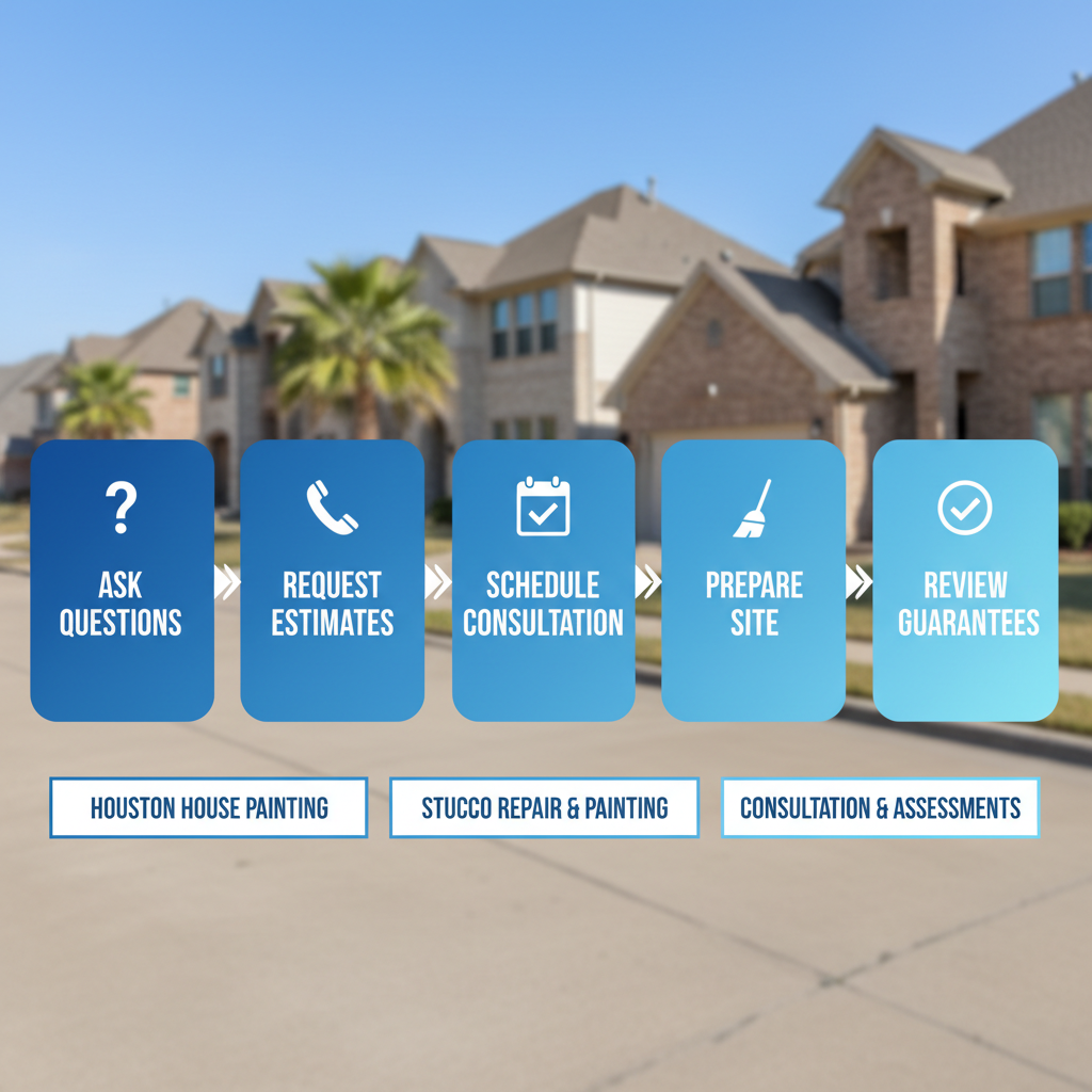 Horizontal process flow diagram illustrating five steps to initiate a house painting project in Houston: asking about licensing, requesting estimates, scheduling consultation, preparing the site, and reviewing guarantees.