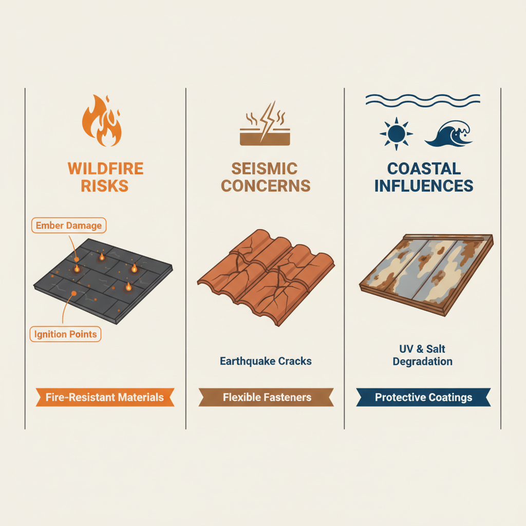 Infographic depicting common roofing issues in Westlake Village including wildfire risks, seismic concerns, and coastal degradation with prevention tips.