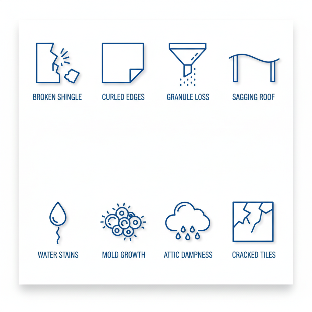 Grid of icons illustrating common signs for roof replacement including missing shingles, curling edges, granule loss, sagging, water stains, mold, attic dampness, and cracked tiles
