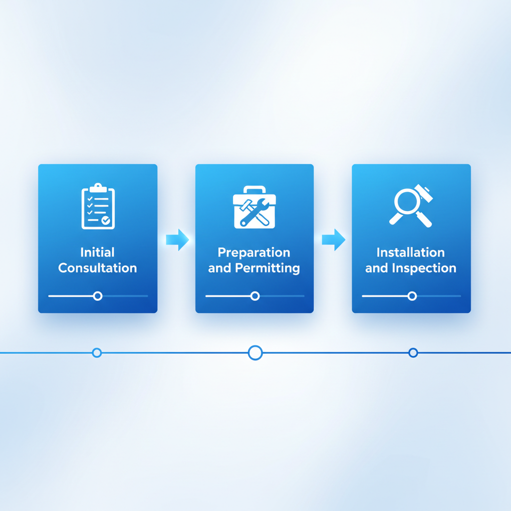 Horizontal process flow diagram illustrating the three stages of roof replacement: consultation, preparation, and installation