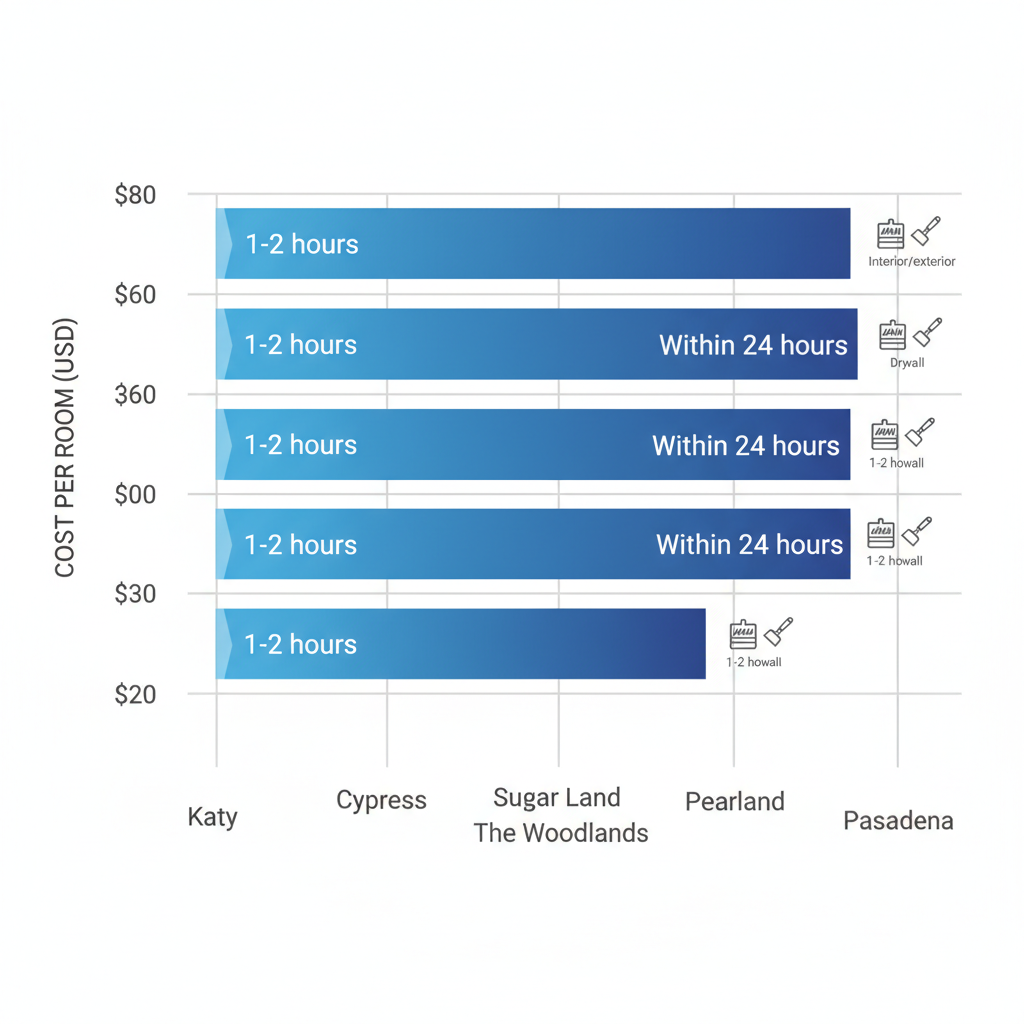 Horizontal bar chart comparing interior painting costs per room and response times in key Greater Houston areas including Katy, Cypress, Sugar Land, The Woodlands, Pearland, and Pasadena