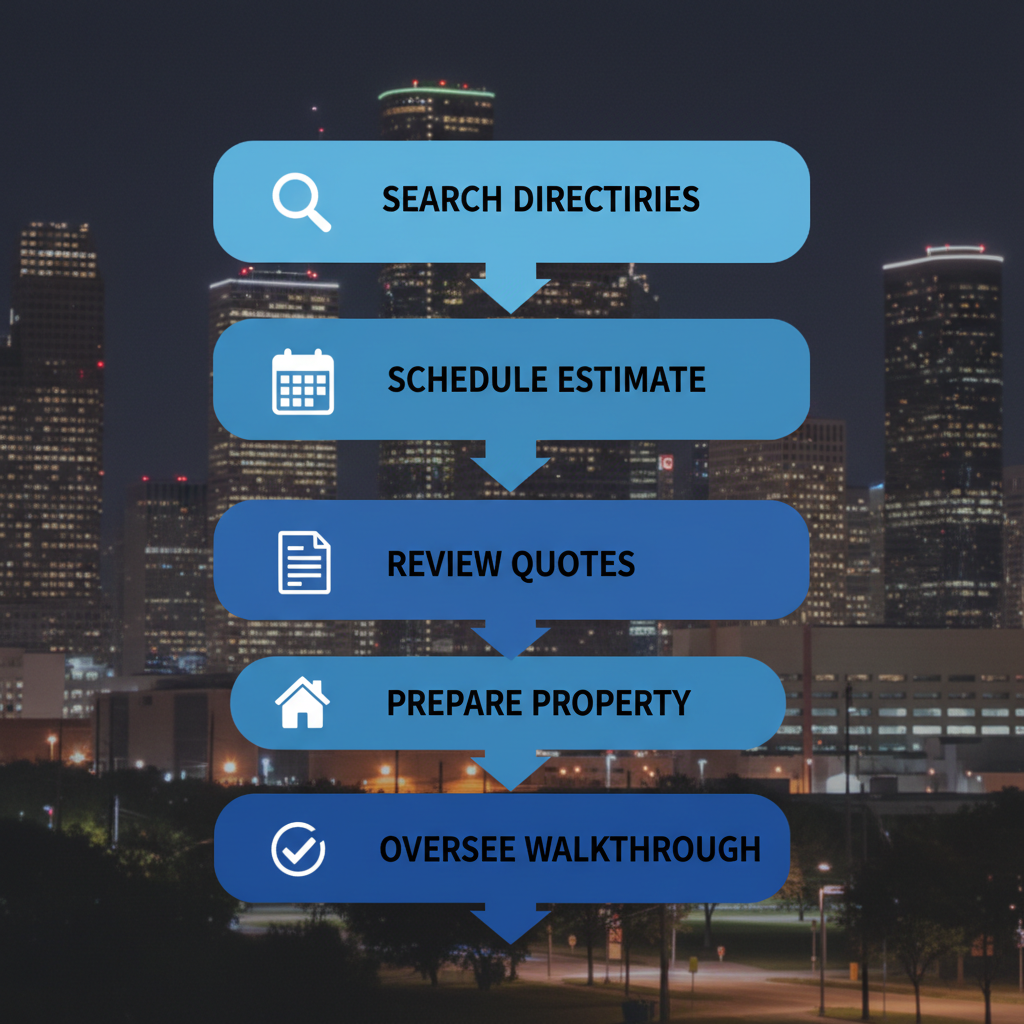 Vertical process flow diagram illustrating five steps to hire a local painter in Houston, featuring icons for searching, scheduling, reviewing, preparing, and overseeing.