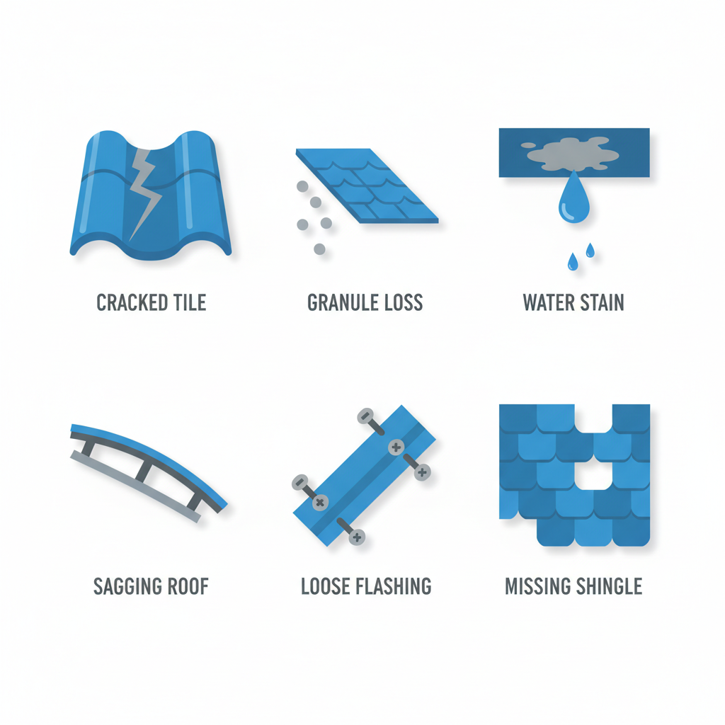 Grid of icons illustrating common roof damage signs like cracked tiles and water stains in Agoura Hills.