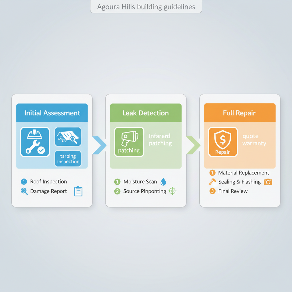 Horizontal process flow diagram illustrating three main stages of roof repair in Agoura Hills with icons and minimal labels