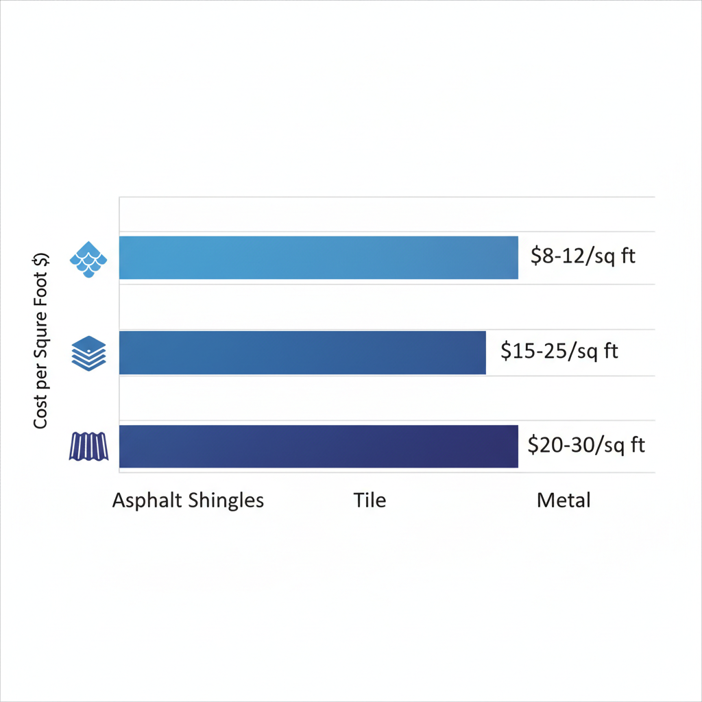 Horizontal bar chart of average roofing costs per square foot in Agoura Hills for asphalt shingles, tile, and metal materials with icons and grid lines