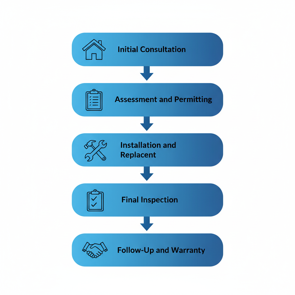 Vertical process flow diagram illustrating the five key stages of a roofing project in Agoura Hills with icons and minimal labels