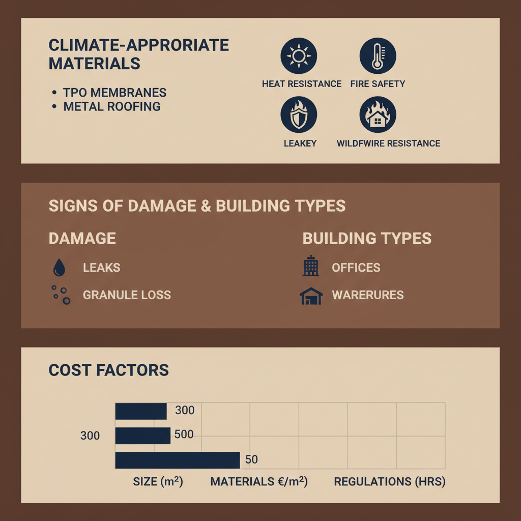 Infographic illustrating key commercial roofing requirements in Agoura Hills, covering materials, damage signs, building types, and cost factors with icons and charts.