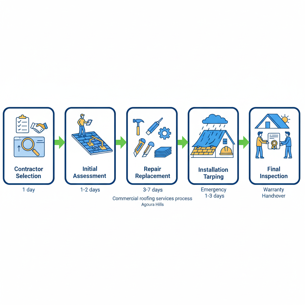 Horizontal process flow diagram illustrating five stages of commercial roofing services: selection, assessment, repair, installation, and inspection with timeline notes.