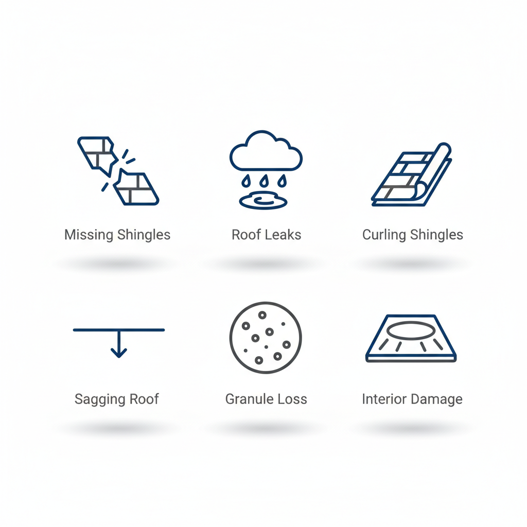 Icon grid depicting common roof deterioration signs: missing shingles, leaks, curling shingles, sagging roofline, granule loss, and interior damage in Agoura Hills.