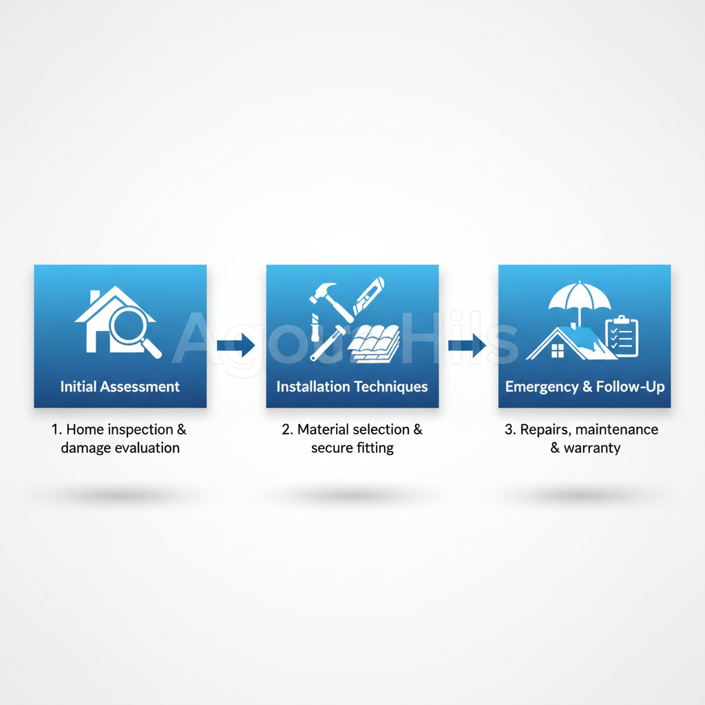 Horizontal process flow diagram of three main roofing service stages: assessment, installation, and follow-up