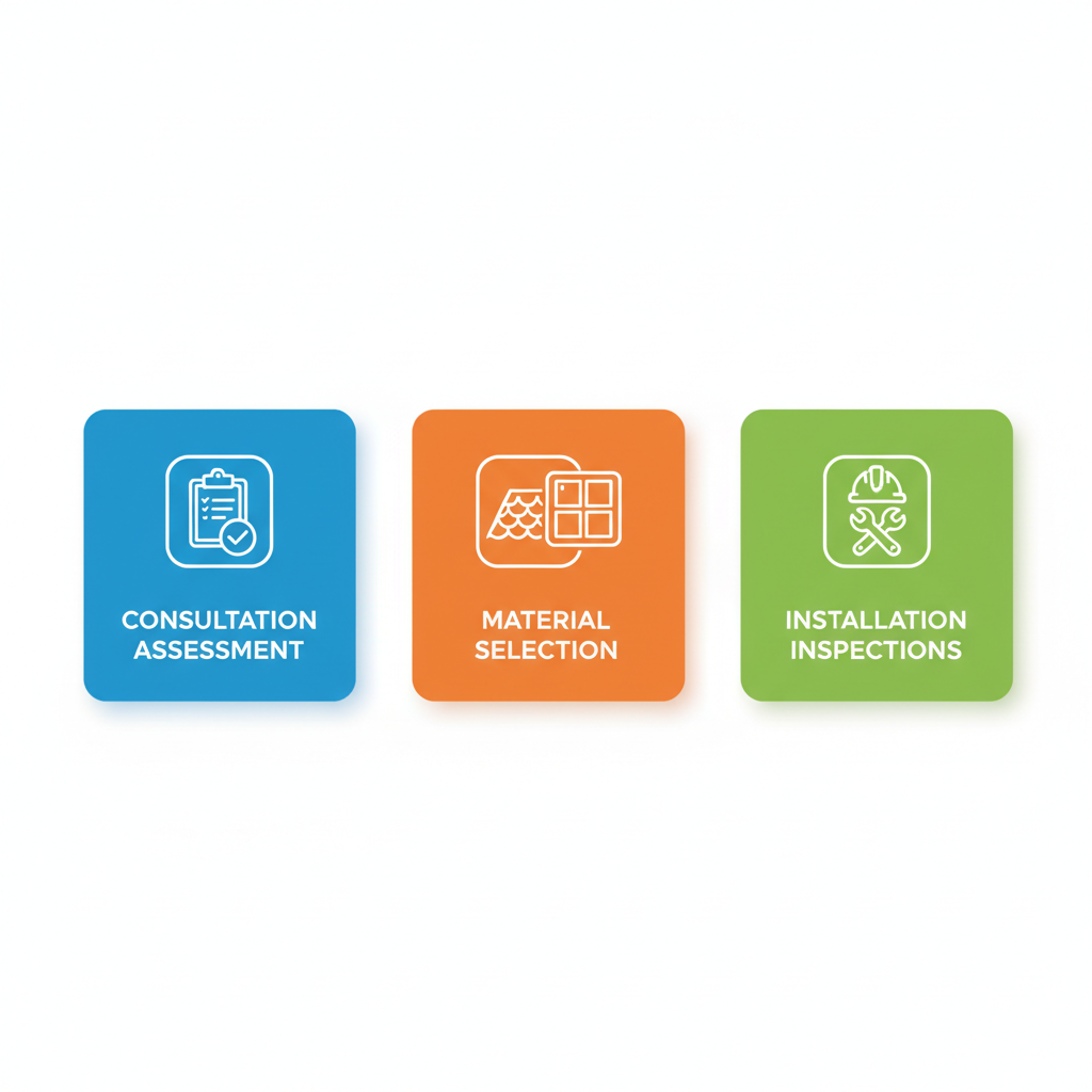 Horizontal process flow diagram showing three stages of professional roof installation and repair with icons and color-coded boxes