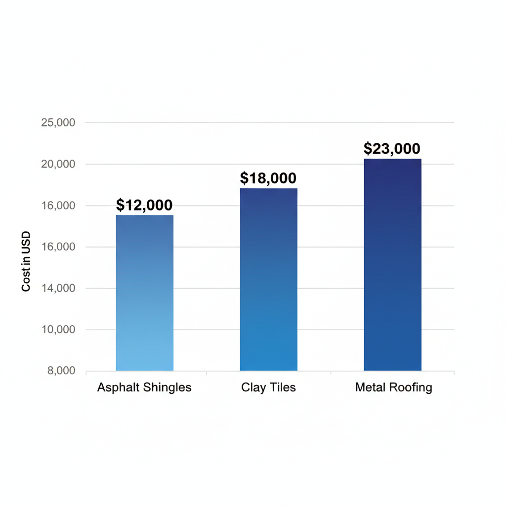 Bar chart showing average roof replacement costs for asphalt shingles, clay tiles, and metal roofing in the Los Angeles area, with costs ranging from $8,000 to $25,000 USD.