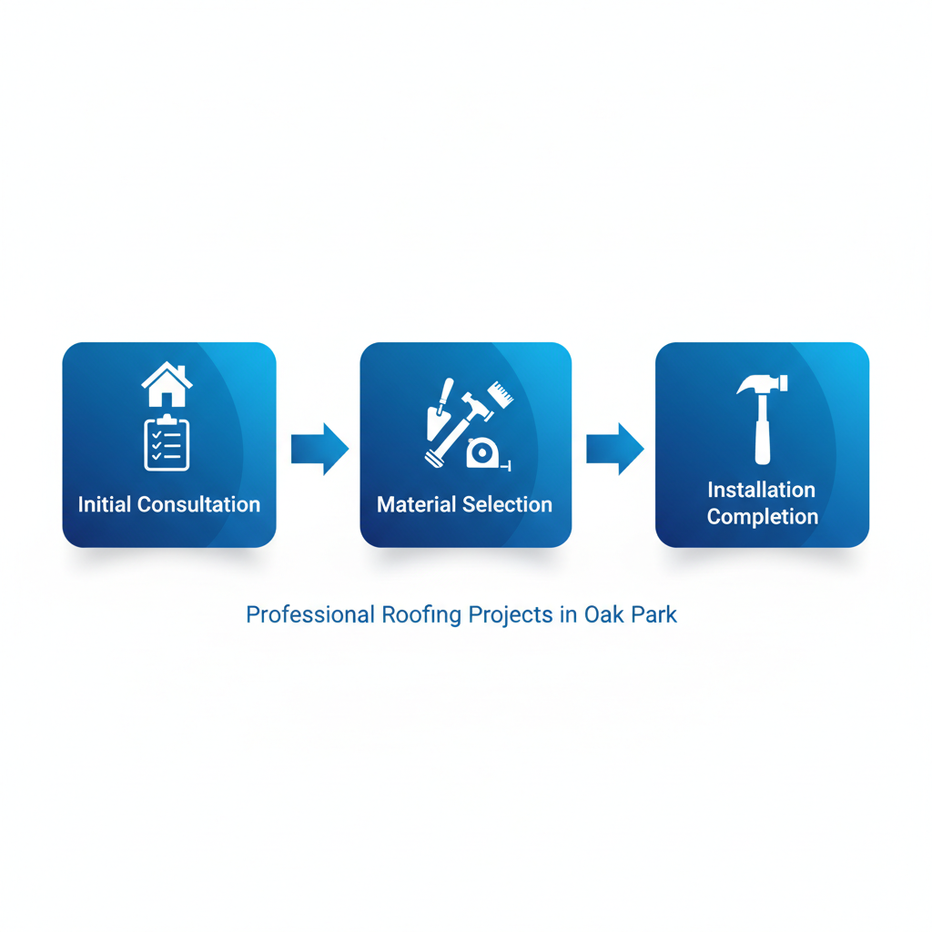 Horizontal process flow diagram showing three stages of professional roofing projects: initial consultation and inspection, material selection and permitting, installation and completion in Oak Park