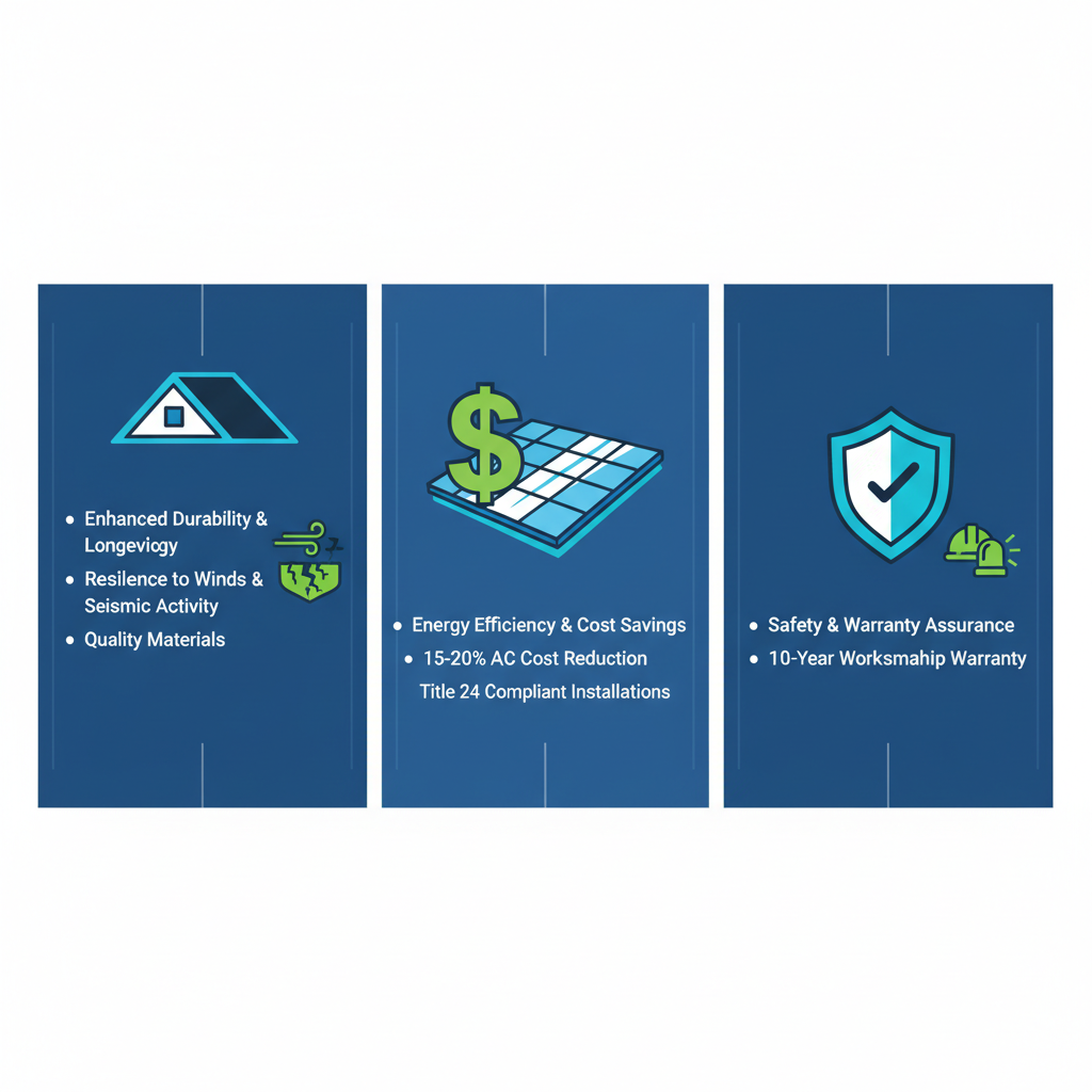 Infographic illustrating three key benefits of professional roofing: durability, energy efficiency, and safety warranty