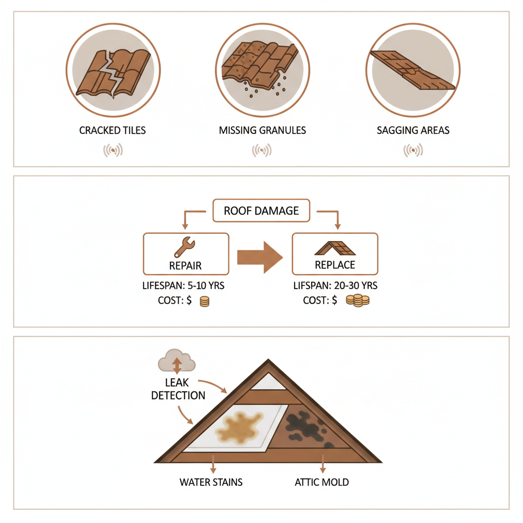 Infographic illustrating common signs of roof damage, repair versus replacement decision tree, and leak detection indicators for Oak Park homes