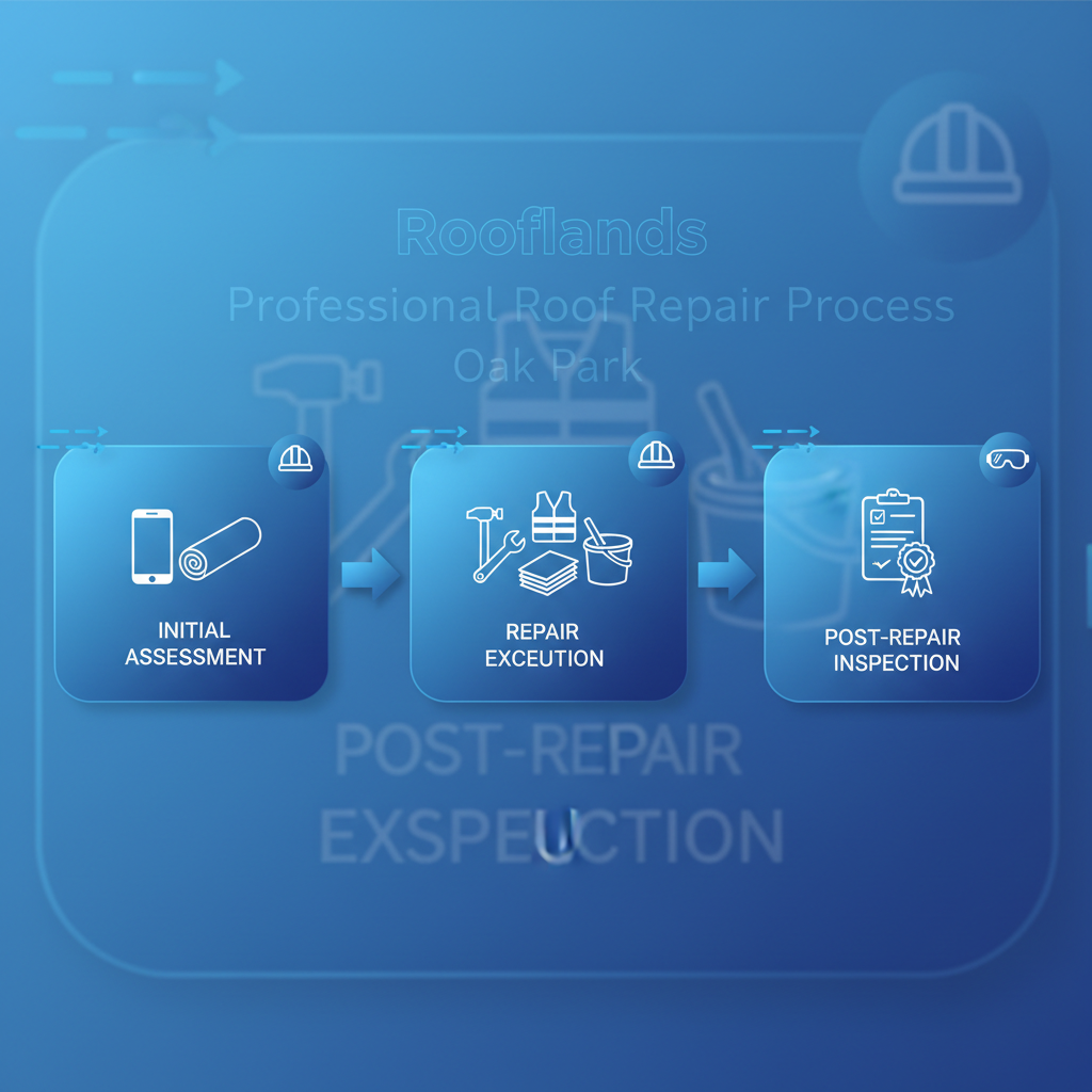 Horizontal process flow diagram depicting the three main stages of professional roof repair in Oak Park with icons and blue arrows
