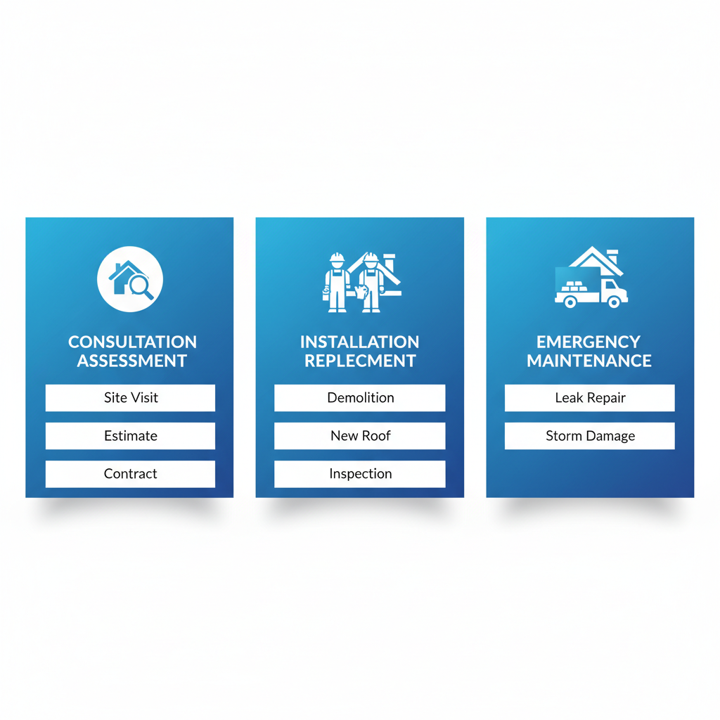 Horizontal process flow diagram of three key stages in Oak Park roofing projects