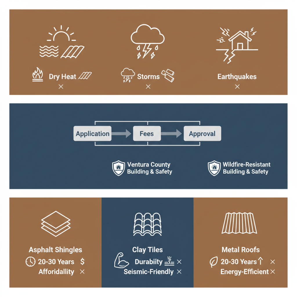 Infographic depicting Oak Park roofing challenges, permit processes, and roof type comparisons with icons and minimal labels
