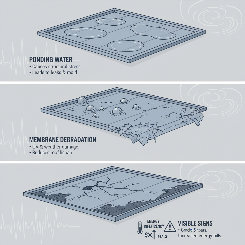 Infographic illustrating common flat roofing problems including ponding water, membrane degradation, and replacement signs like cracks and energy loss in Oak Park commercial buildings