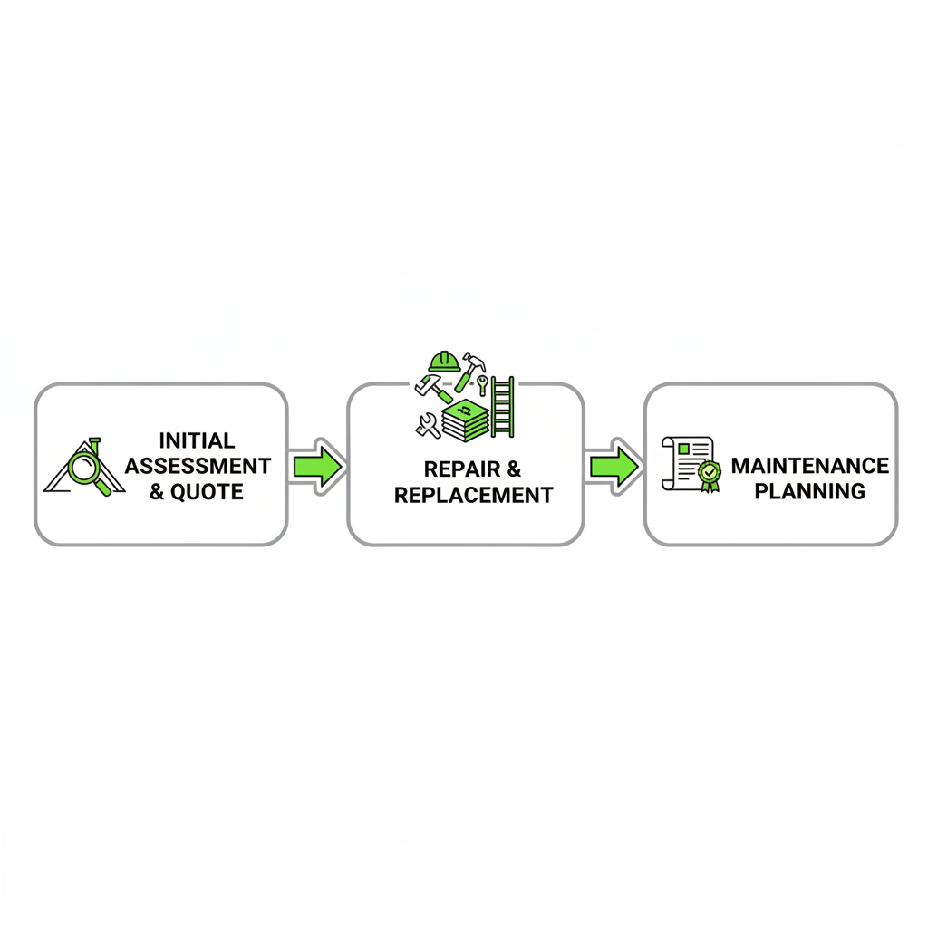 Horizontal process flow diagram for commercial roofing services including assessment, execution, and maintenance steps