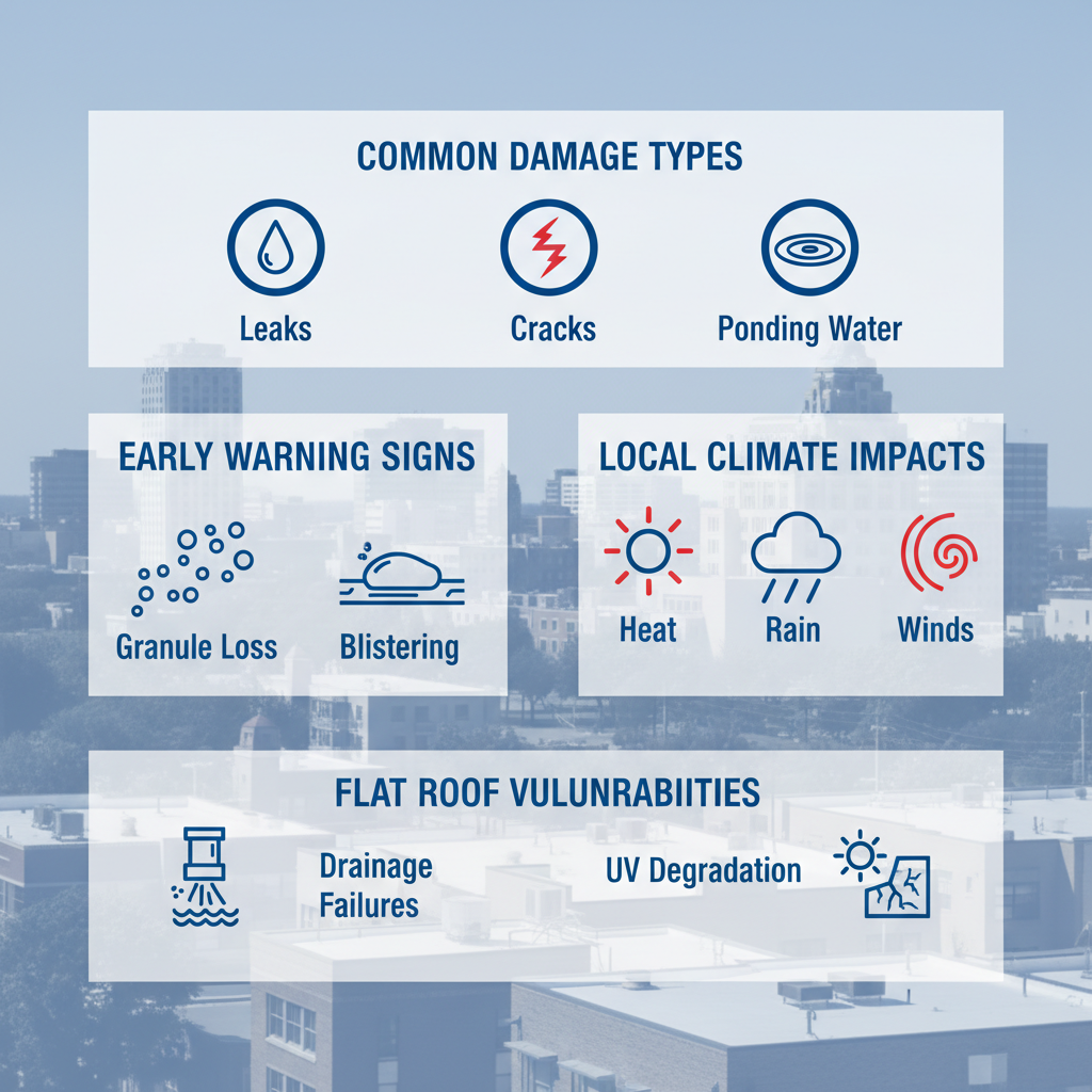 Infographic showing key commercial roof challenges in Oak Park including damage types, warning signs, climate impacts, and flat roof vulnerabilities
