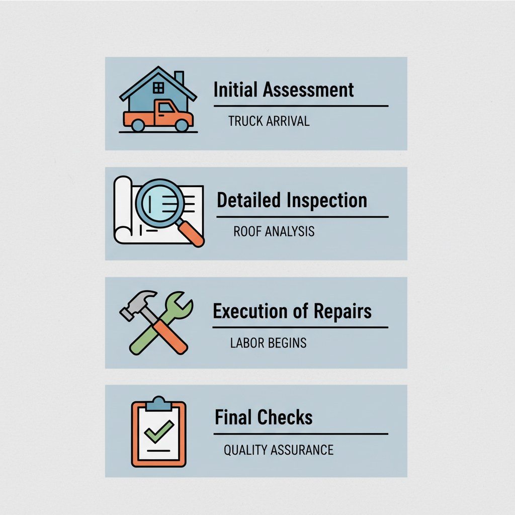 Vertical process flow diagram illustrating the four steps of commercial roof repair: initial assessment and emergency response, detailed inspection and planning, execution of repairs and installation, final checks and warranty coverage.
