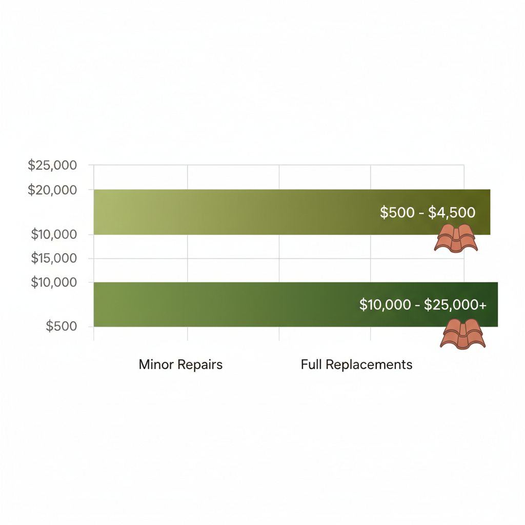 Horizontal bar chart illustrating average roofing costs in Thousand Oaks for minor repairs and full replacements.