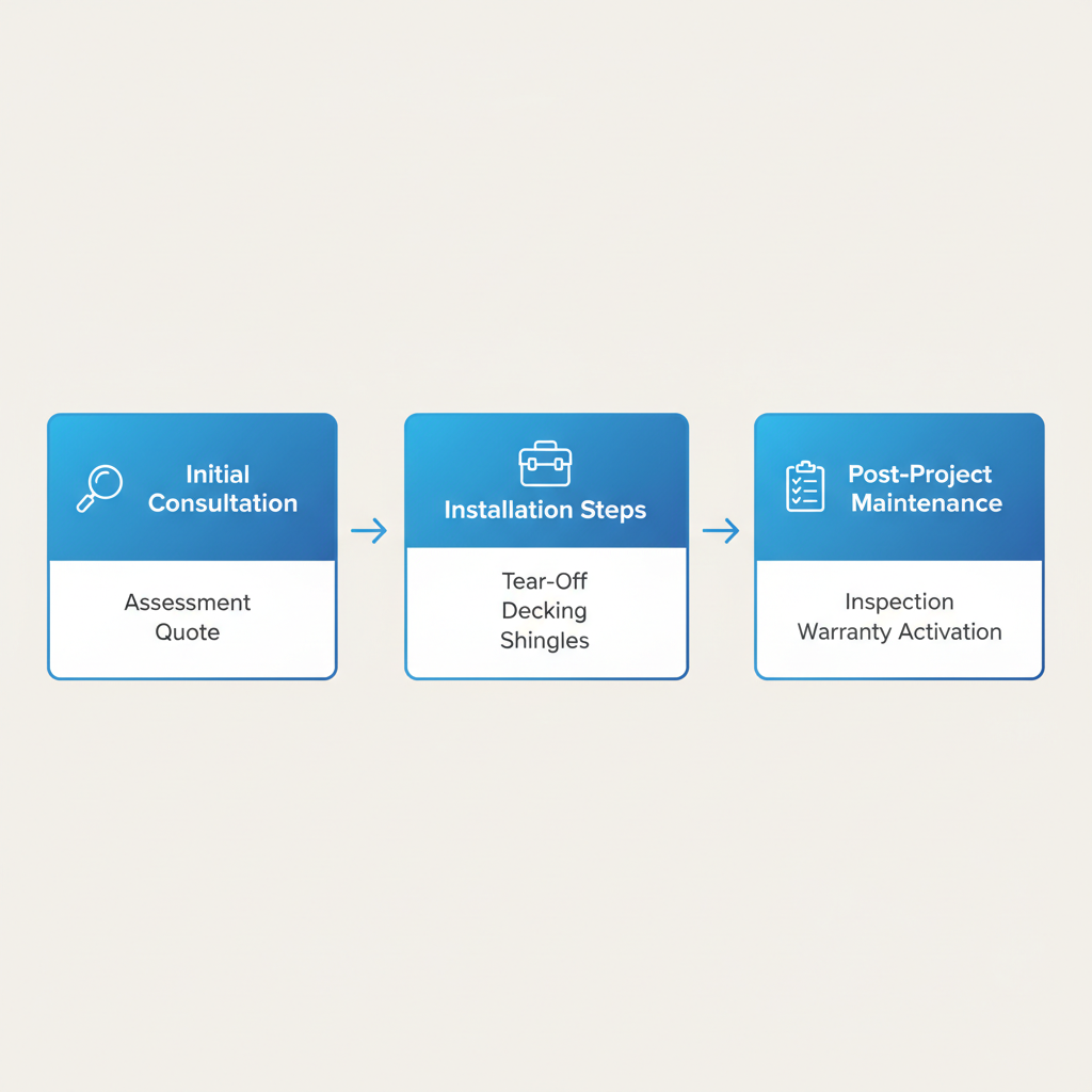 Horizontal process flow diagram illustrating three key stages of professional roofing services in Thousand Oaks