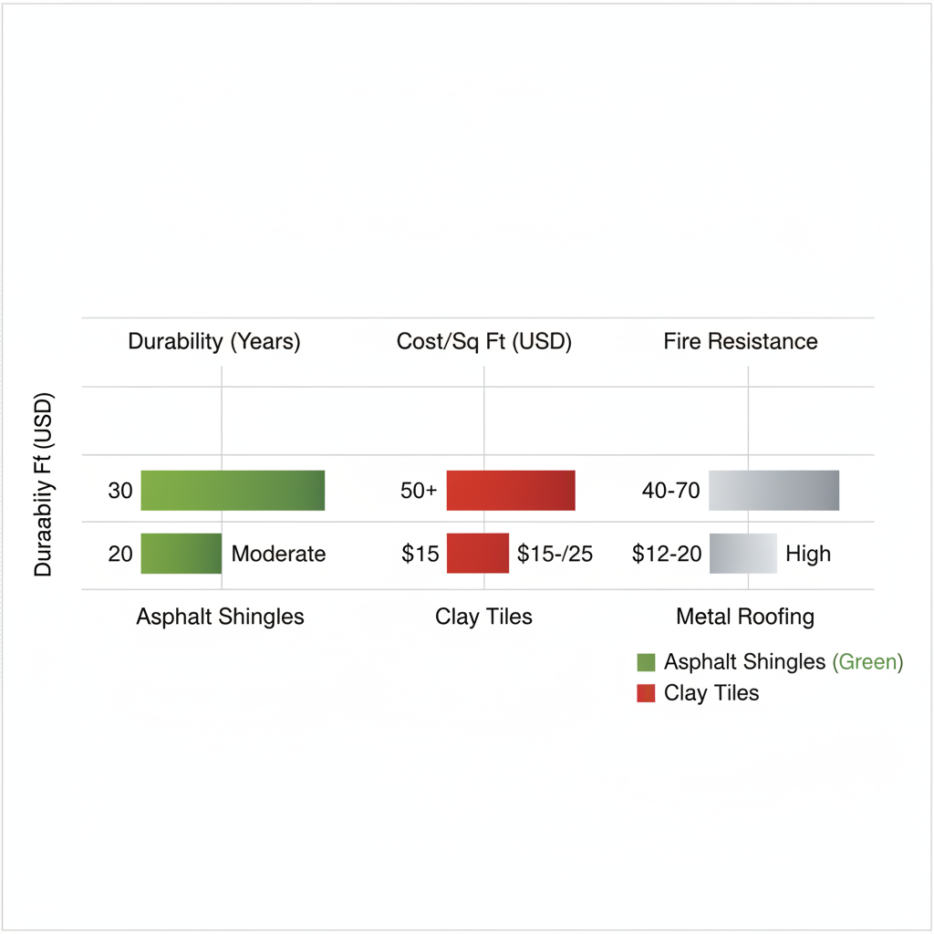 Horizontal bar chart comparing Asphalt Shingles, Clay Tiles, and Metal Roofing materials in Thousand Oaks by durability, cost per square foot, and fire resistance