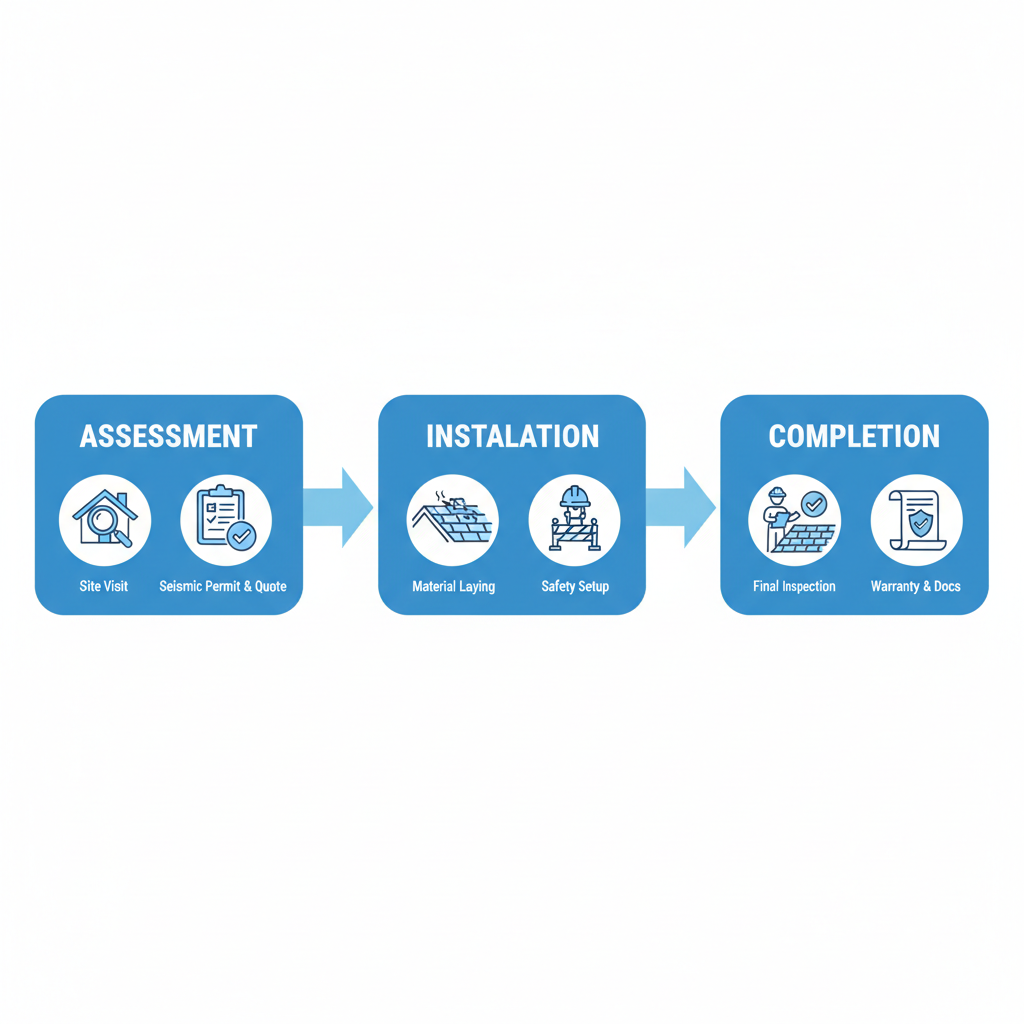 Horizontal process flow diagram illustrating the three stages of professional roofing in Thousand Oaks: assessment, installation, and completion with icons and minimal labels.