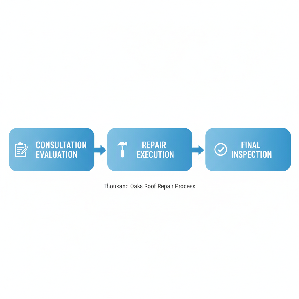 Horizontal process flow diagram showing three stages of roof repair in Thousand Oaks: consultation and evaluation, repair execution, and final inspection with icons and blue arrows.