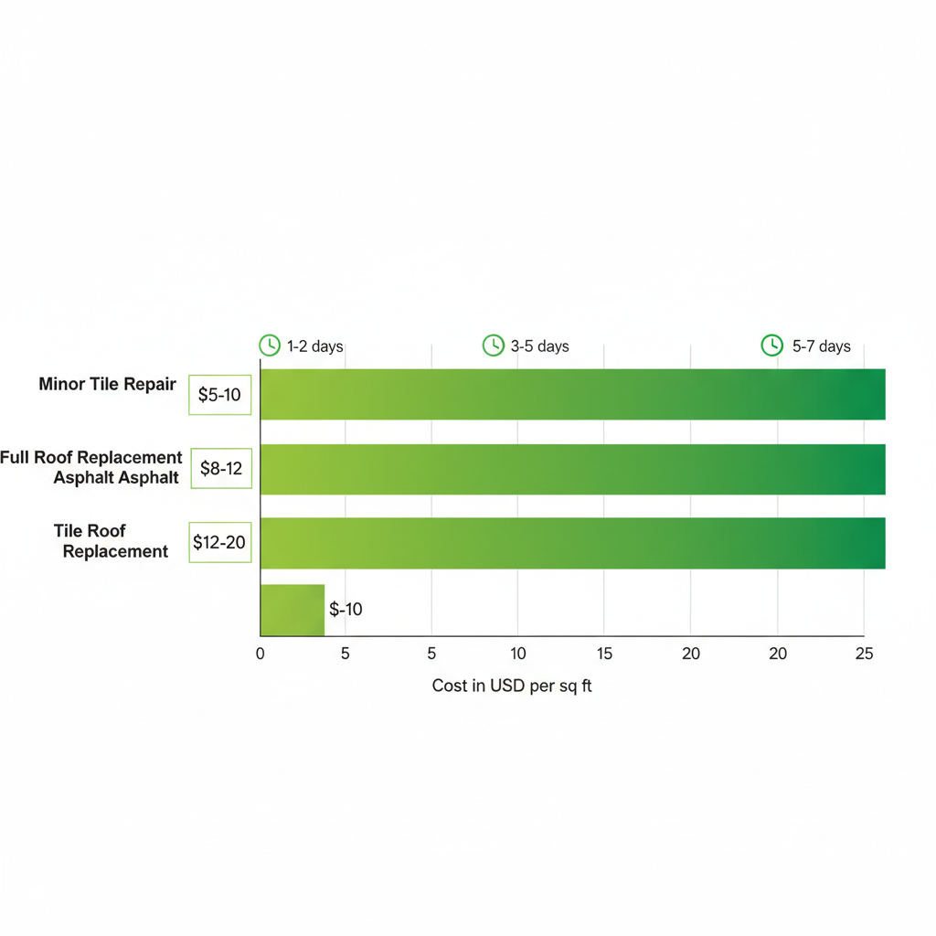 Horizontal bar chart comparing average costs per square foot for minor tile repair, asphalt roof replacement, and tile roof replacement in Thousand Oaks, with timeline icons.