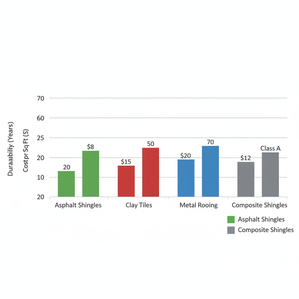 Horizontal bar chart comparing durability, cost per square foot, and fire rating of Asphalt Shingles, Clay Tiles, Metal Roofing, and Composite Shingles for Thousand Oaks roofing replacement.