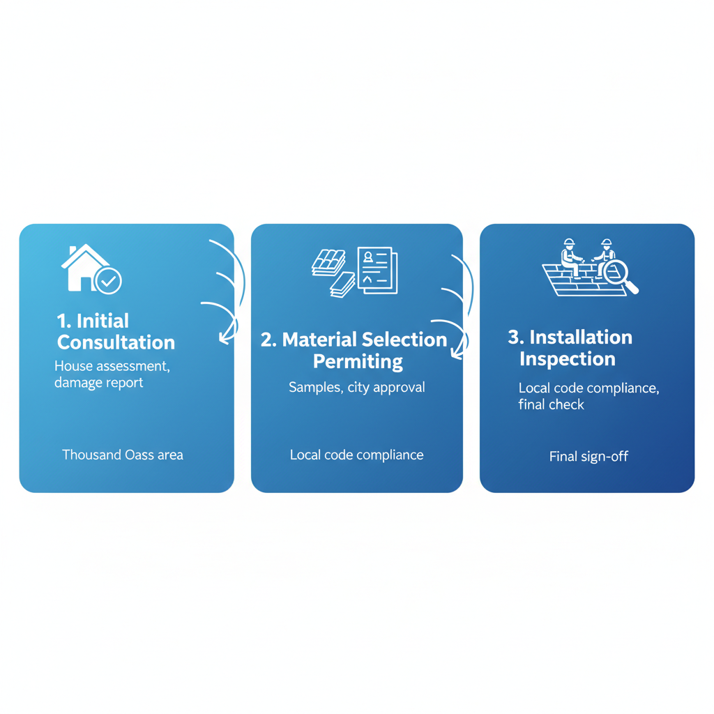 Horizontal process flow diagram of three roofing stages: consultation, material selection and permitting, installation and inspection in Thousand Oaks