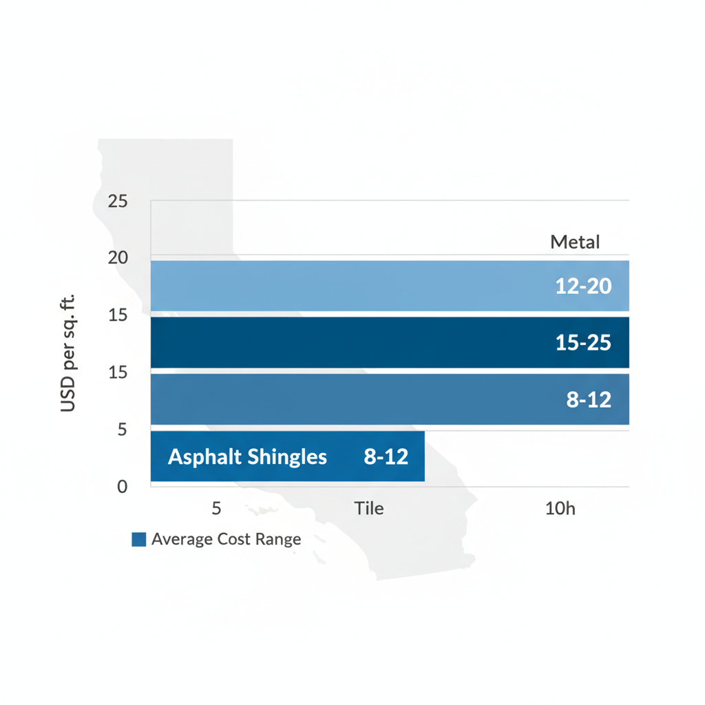 Horizontal bar chart of average roof replacement costs per square foot for asphalt shingles, tile, and metal materials in Thousand Oaks, California